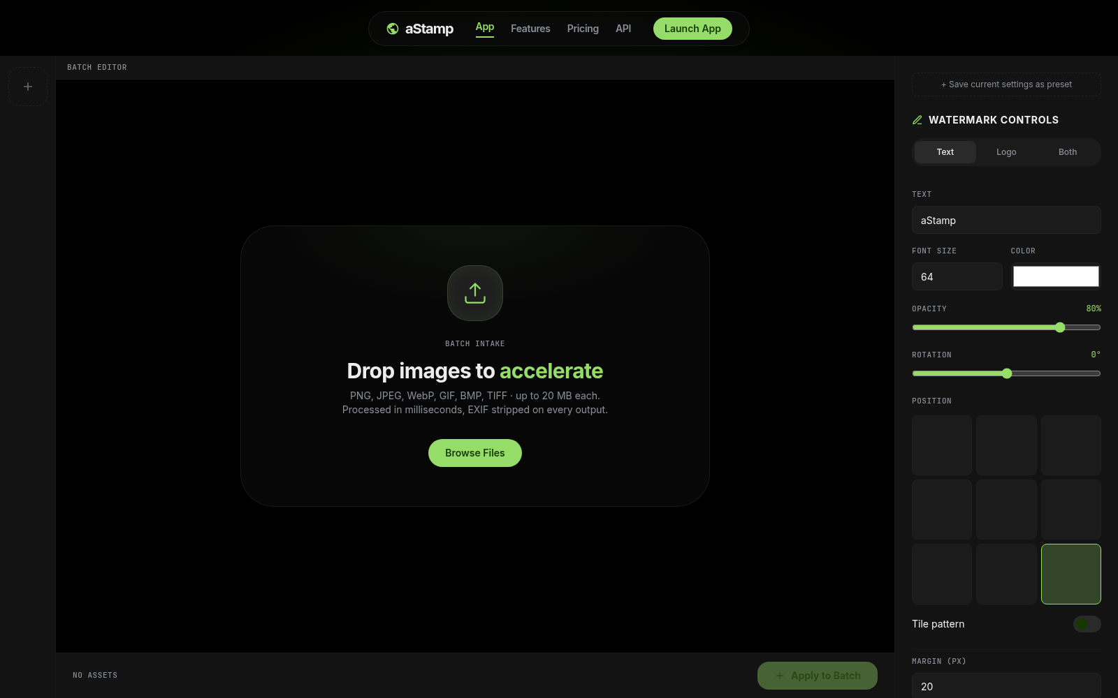 aStamp batch editor with glass-panel drop zone and watermark controls